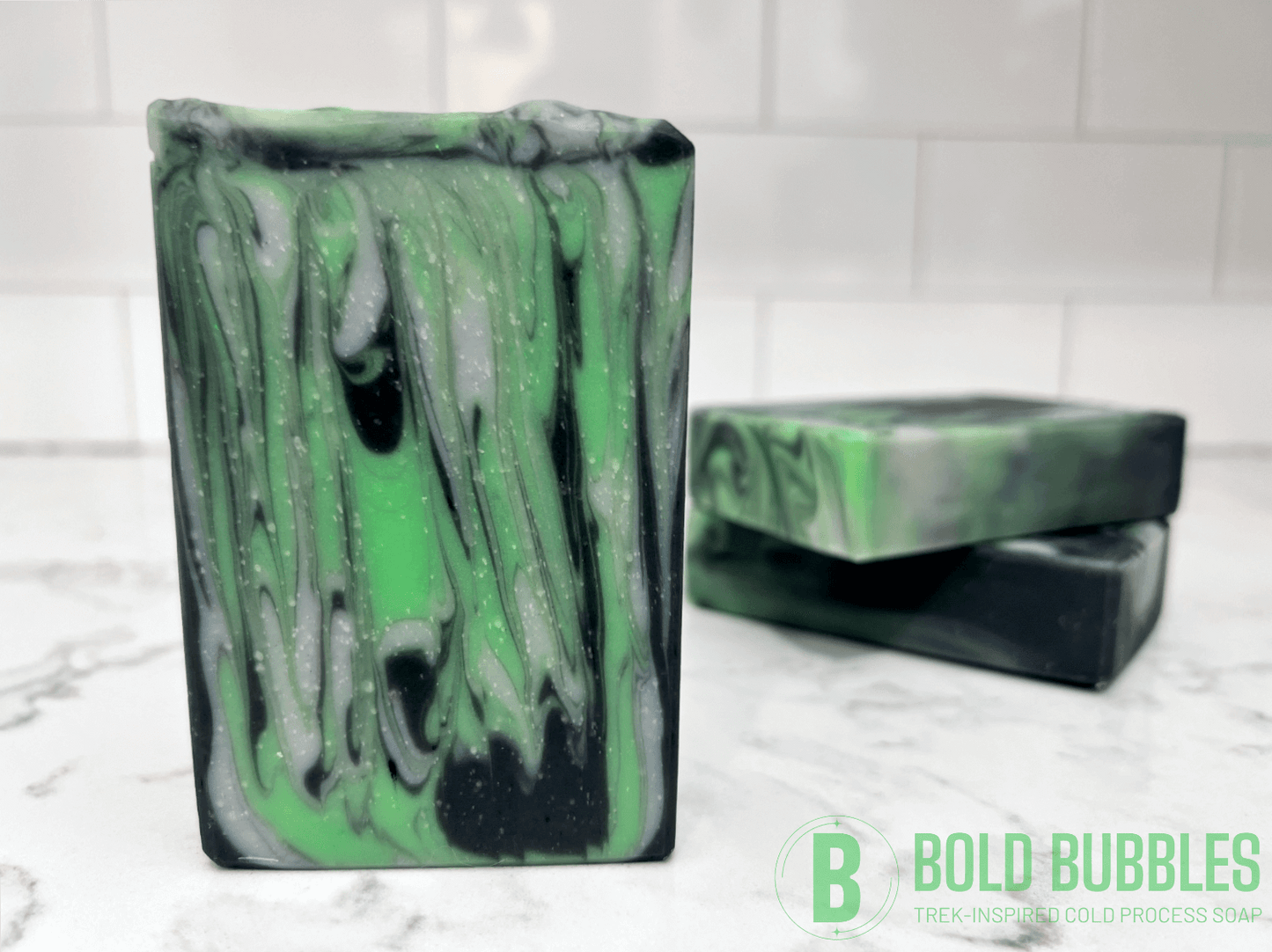 Vertical swirls of green, black and gray make up this soap inspired by the Borg from Star Trek TNG, Voyager, and more. The scent is a tempting unisex blend of earthy and floral notes. Do it: tempt your flesh!