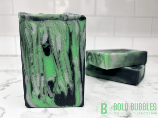 Vertical swirls of green, black and gray make up this soap inspired by the Borg from Star Trek TNG, Voyager, and more. The scent is a tempting unisex blend of earthy and floral notes. Do it: tempt your flesh!