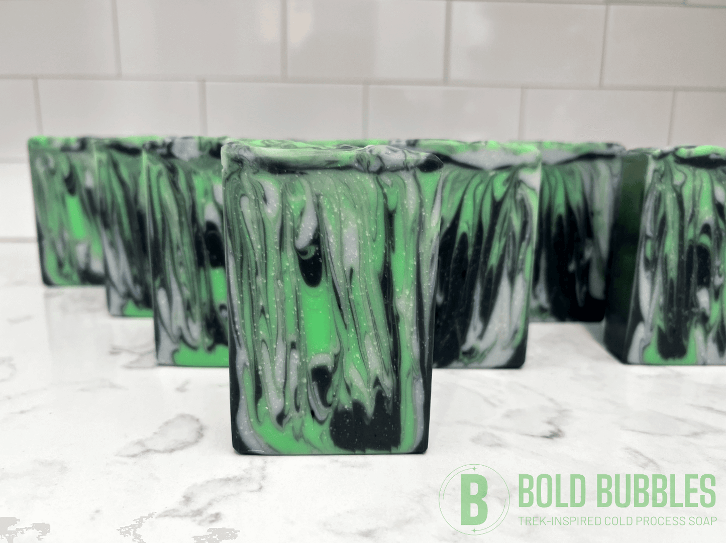 Vertical swirls of green, black and gray make up this soap inspired by the Borg from Star Trek TNG, Voyager, and more. The scent is a tempting unisex blend of earthy and floral notes. Do it: tempt your flesh!