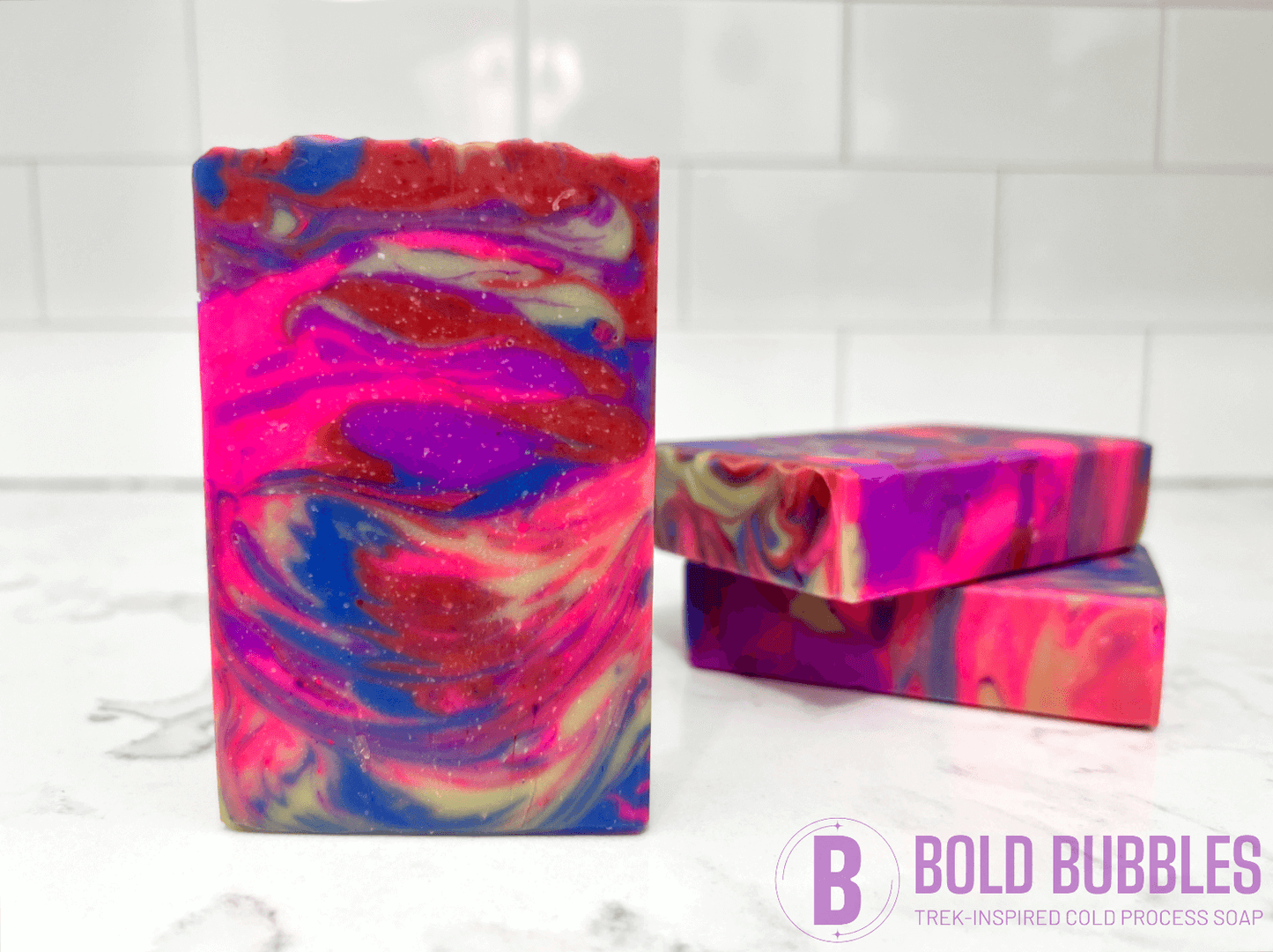 The swirled colors of this soap are inspired by the bright colors of Jake Sisko's attire on Star Trek: Deep Space Nine. The scent is "orange paradise," a ray of sunshine for your sonic shower!
