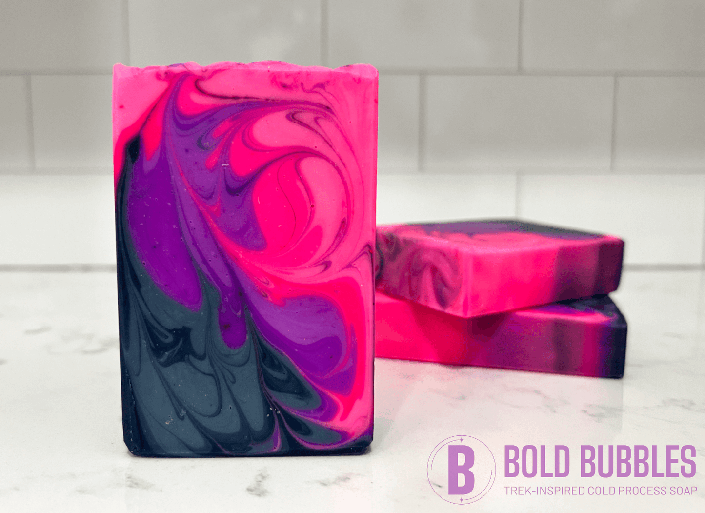 Bars of soap with swirled shades of purple, blue, and pink. The colors are inspired by the Mutara Nebula from Star Trek II: The Wrath of Khan.