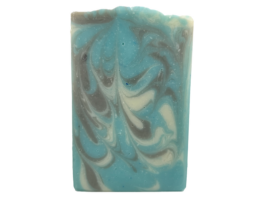 A bar of soap with swirls of blue, gray and white, inspired by the planet Andoria. The scent is White Christmas, a refreshing smell that smells like a pristine forest.