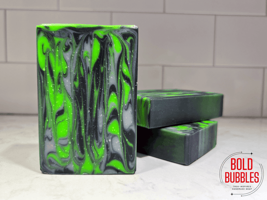 Vertical swirls of neon green, black and grey soap inspired by the Borg in Star Trek.