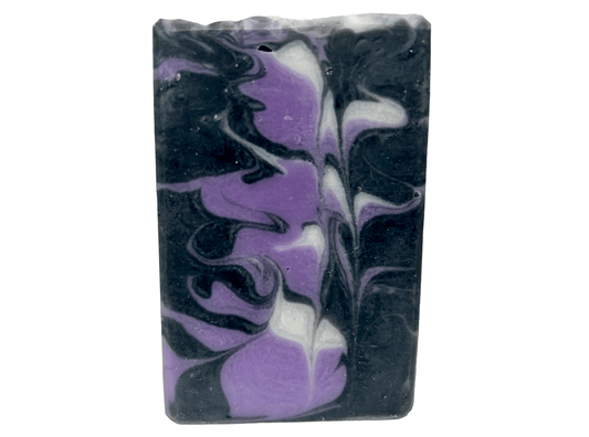 A black, purple, and white bar of soap inspired by the look of the Crystalline Entity as seen in Star Trek TNG's "Silicon Avatar."