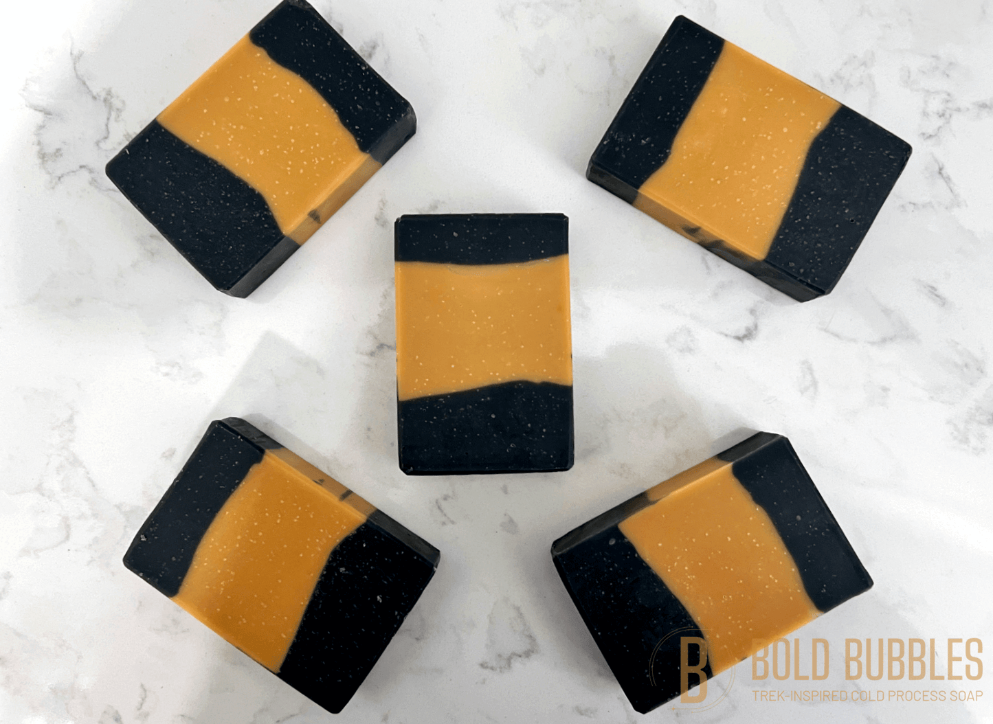 Gold bars of soap inspired by the uniform worn by Geordi in Star Trek: The Next Generation. They are imperfect in design, and therefore being sold at a discount.