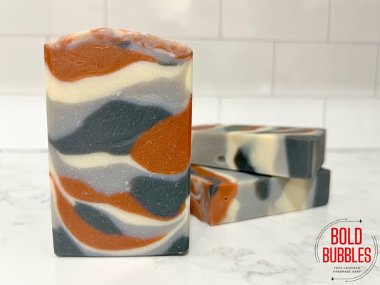 White, gray and copper tiger-striped soap inspired by the look of Gwyndala on Star Trek: Prodigy