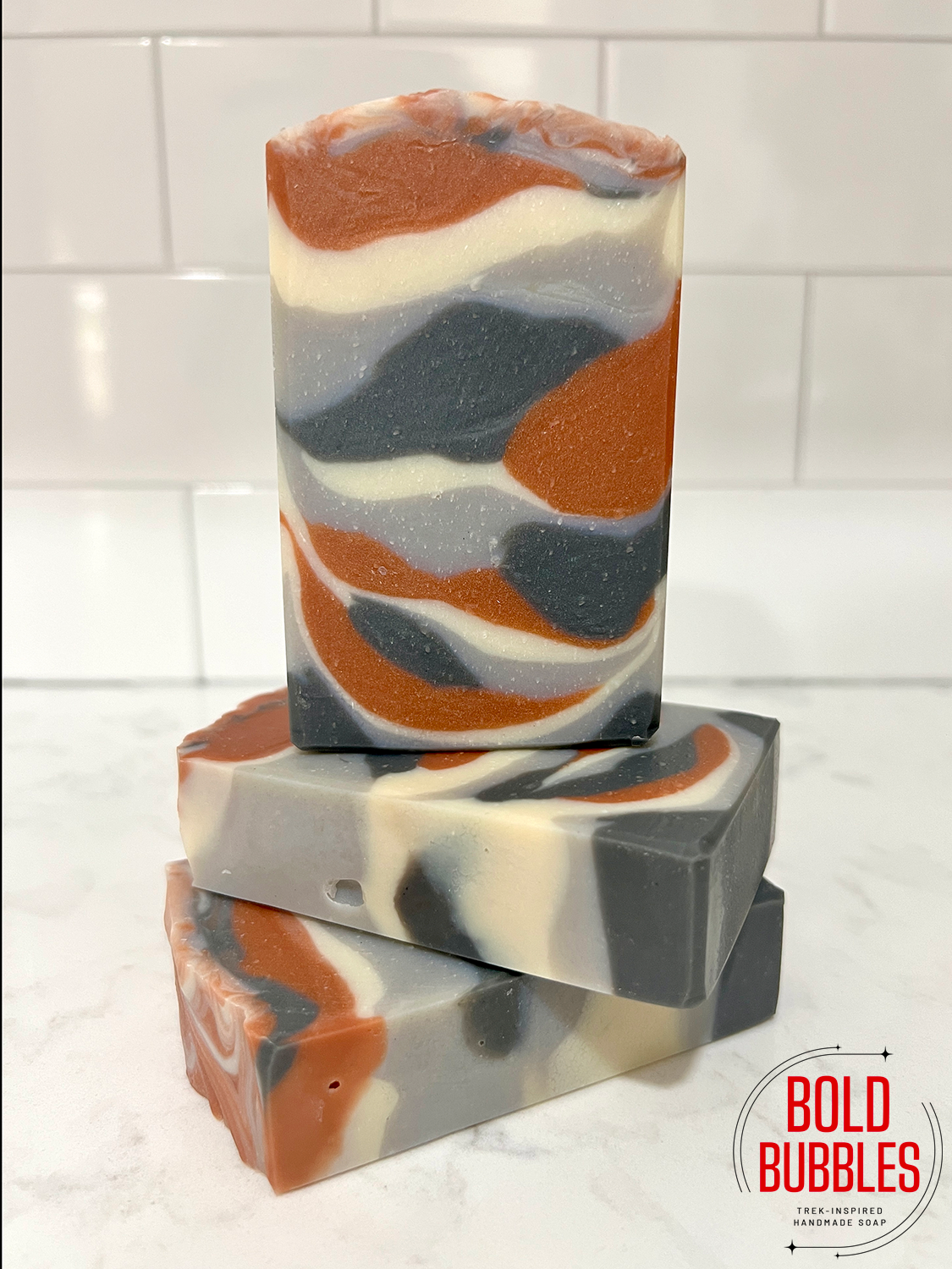White, gray and copper tiger-striped soap inspired by the look of Gwyndala on Star Trek: Prodigy