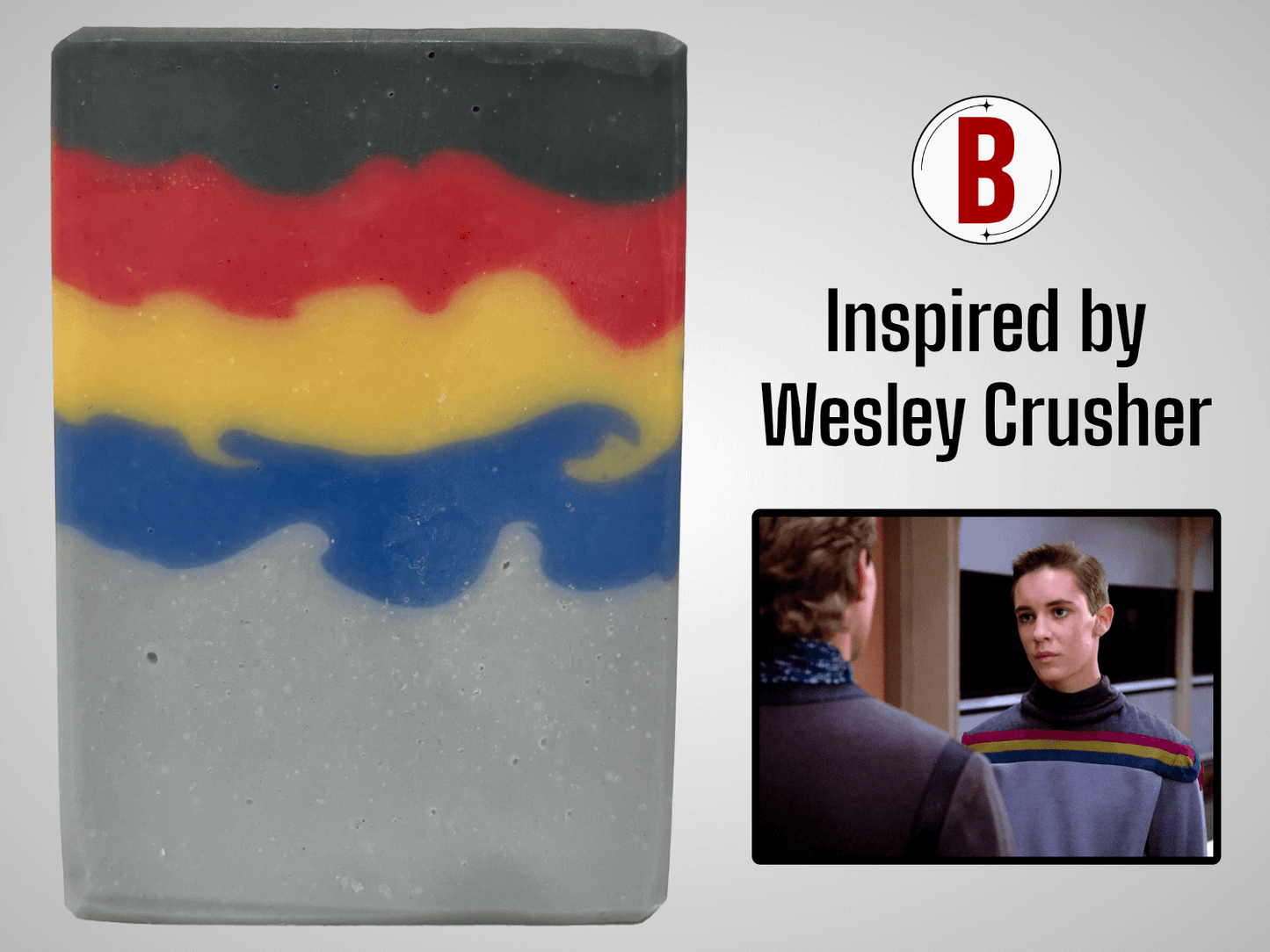 A bar of soap inspired by the grey, blue, yellow, and red sweater Wesley Crusher wore in Star Trek: The Next Generation. The scent is a dynamic unisex blend of citrus, floral, and earthy notes.