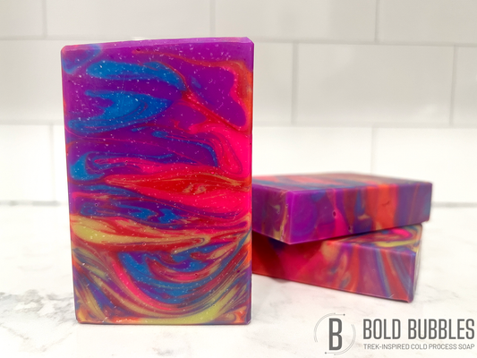 A bar of swirled soap with many bright colors, designed in honor of one of the many unusual patterns seen in Jake Sisko's wardrobe on Star Trek: Deep Space Nine.