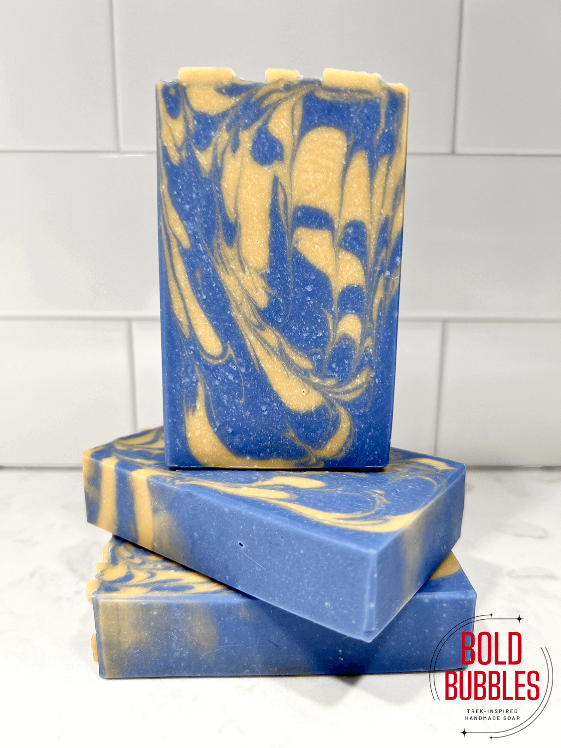 Blue and gold swirled soap with a black licorice scent inspired by Jett Reno from Star Trek: Discovery.