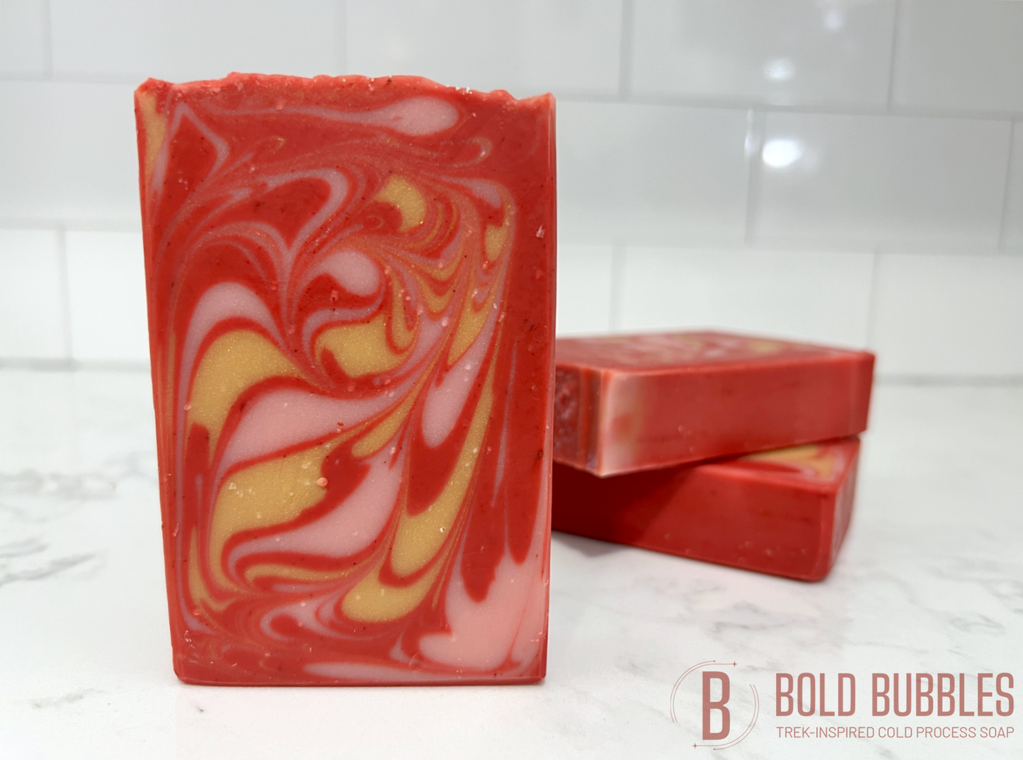 Red, pink and gold swirled soap with a warm cinnamon scent. It is inspired by Kira Nerys from Star Trek: Deep Space Nine.