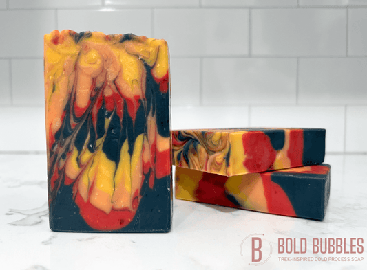 A black, red, orange and yellow swirled soap inspired by the colors of the Klingon Empire on Star Trek.