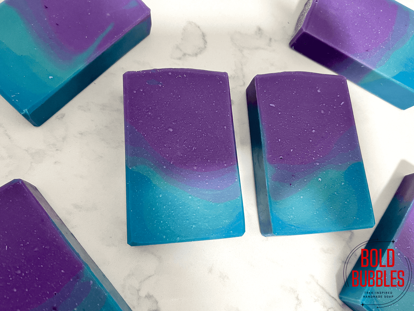 A bar of soap with a gradient that starts with purple on top and blue at bottom. The colors are inspired by Murf on Star Trek: Prodigy.