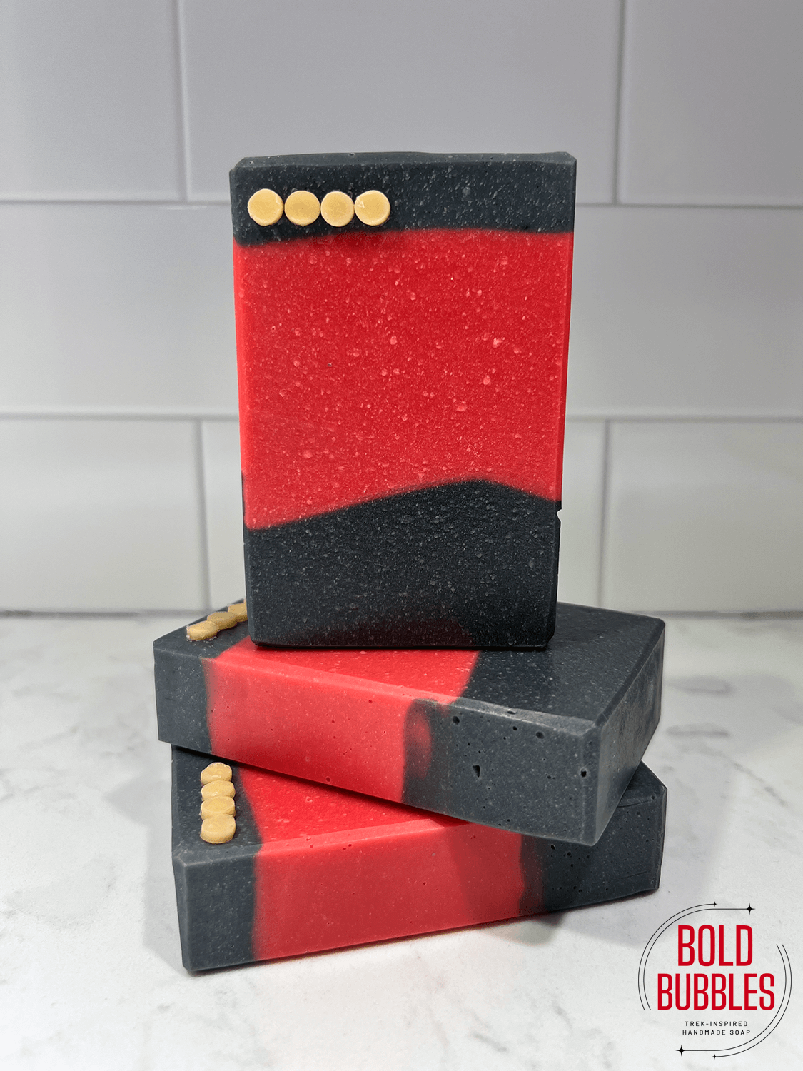 A red and black bar of soap inspired by the iconic Star Trek TNG uniform.