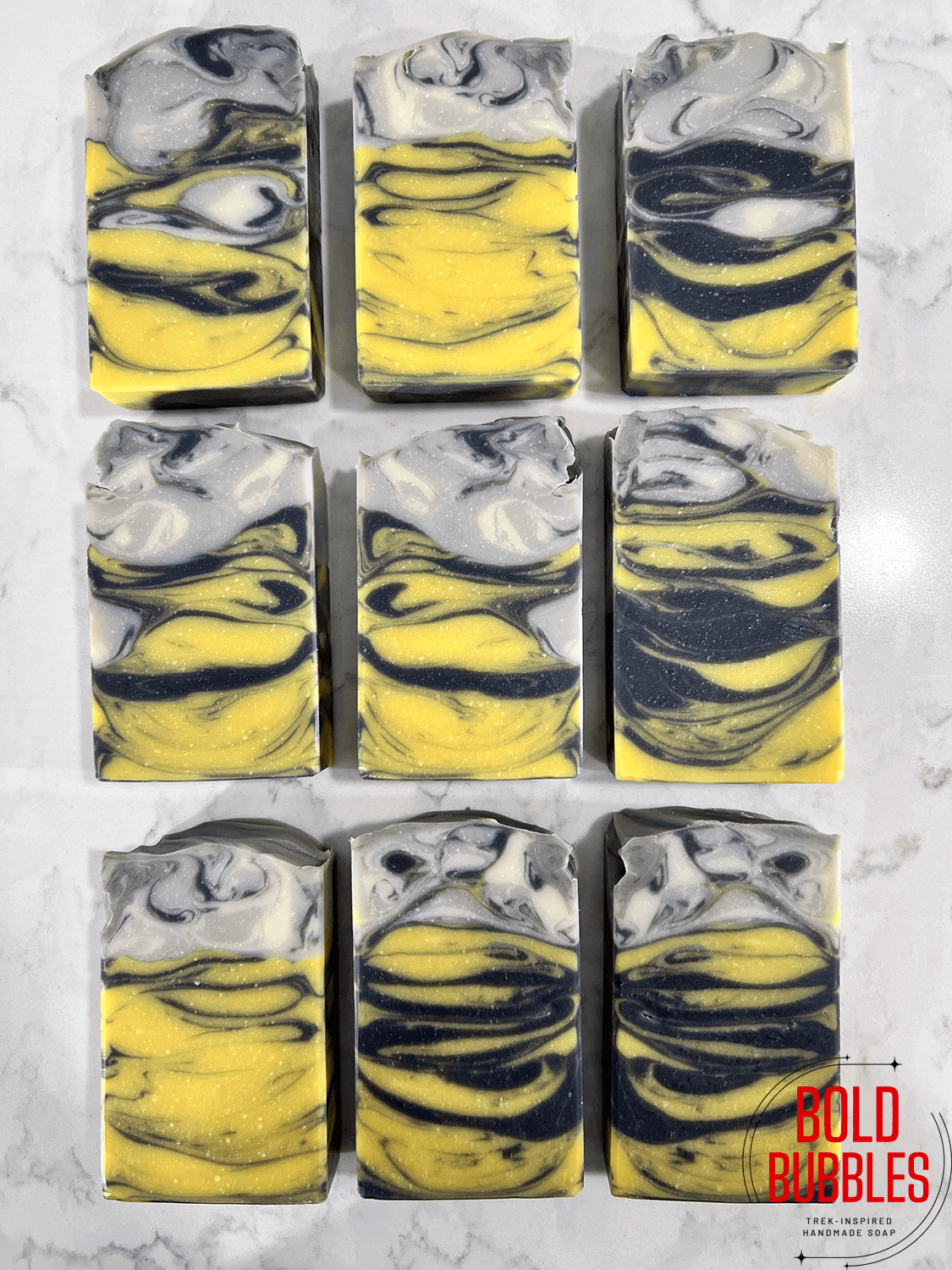 Yellow, white, and grey soap inspired by Captain Pike from "Strange New Worlds," and especially the "mount" that is Pike's salt and pepper hair.