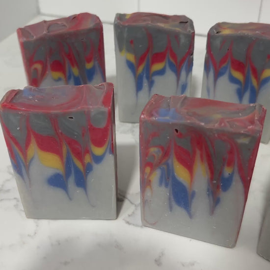 Bars of soap inspired by the grey, blue, yellow, and red sweater Wesley Crusher wore in Star Trek: The Next Generation. The scent is a dynamic unisex blend of citrus, floral, and earthy notes.