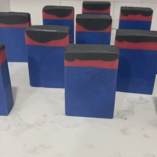 Blue, red and black bars of soap inspired by the uniforms work by the crew on Star Trek: Enterprise. The scent is salt water, a refreshing scent inspired by Jonathan Archer's love for water polo.