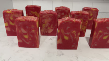 Bars of soap with swirls of red, gold, and cantalouple, inspired by the uniform Kira Nerys wore on Star Trek: Deep Space Nine. The scent is sugar and spice. 