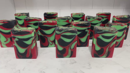Bars of soap with drop swirls of red, black and green, inspired by the colors of Uhura's uniform and her iconic hoop earrings.