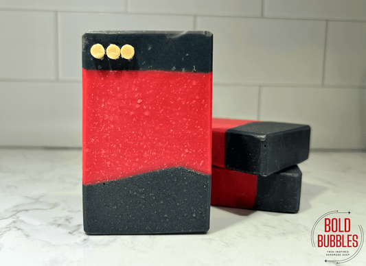 A red and black bar of soap inspired by Commander Riker from Star Trek: The Next Generation.