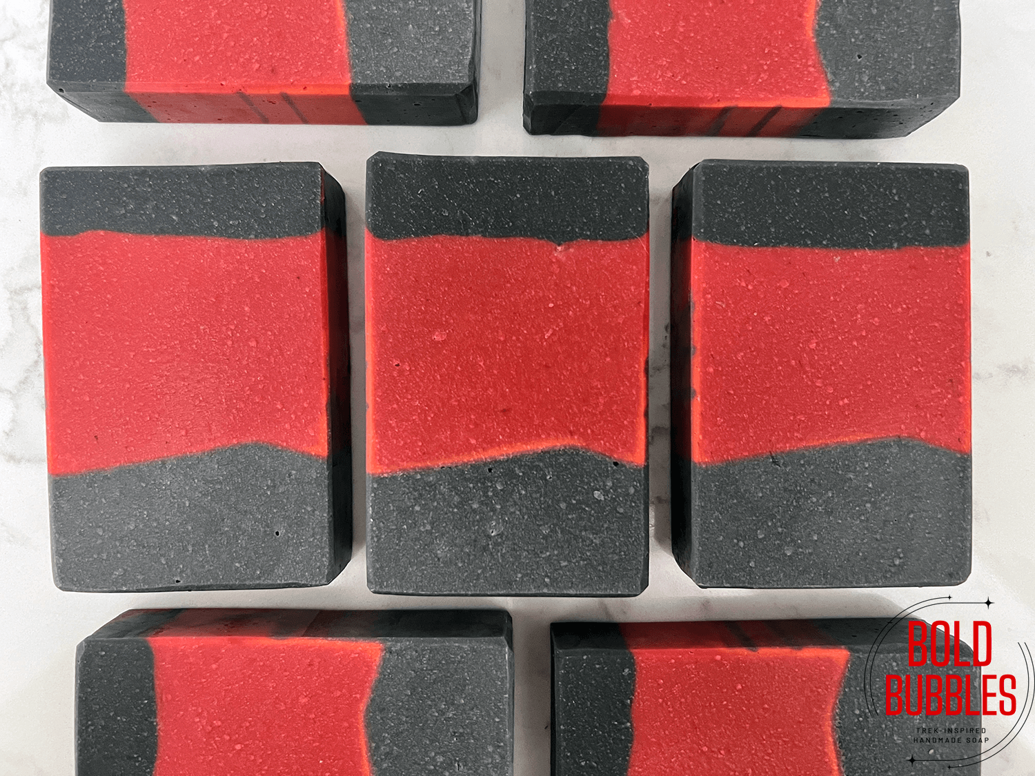 A red and black bar of soap inspired by Commander Riker from Star Trek: The Next Generation.