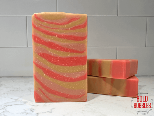 Handmade cold process soap with layers of red, orange, and gold, inspired by the Samarian Sunset on Star Trek: The Next Generation.