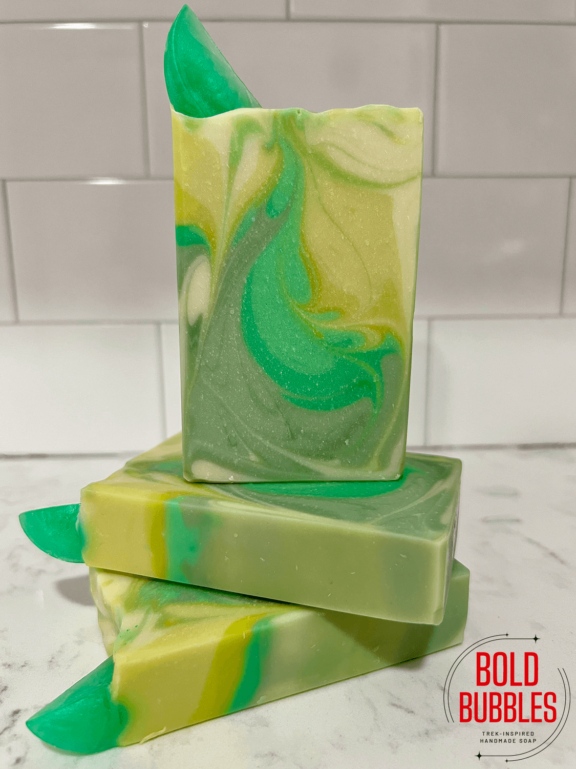 Swirled soap in various shades of green with a lime "garnish." This soap was inspired by the "Seven of Limes" drink mentioned by Jett Reno in Star Trek: Discovery.