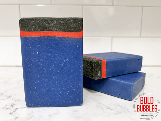 A blue, black and red bar of soap inspired by the uniform style worn by crew members in the Star Trek show "Enterprise."