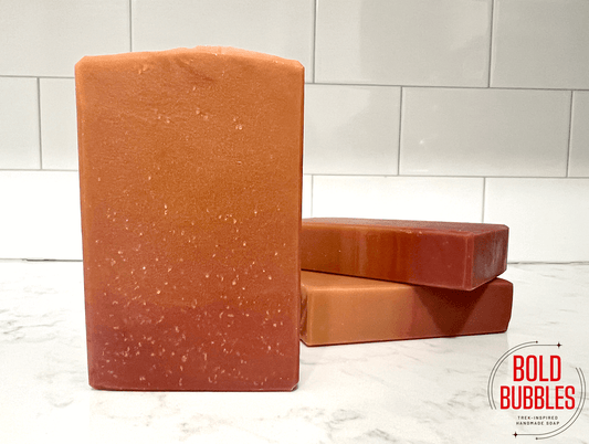 Bars of soap with a color gradient that starts with ruby red at the bottom and ends with a beautiful sunset orange at the top. The design was inspired by the colors of a samarian sunset, as seen in Star Trek: The Next Generation.