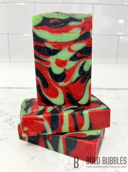 A bar of soap with swirls of red, black and green, inspired by Uhura from Star Trek.