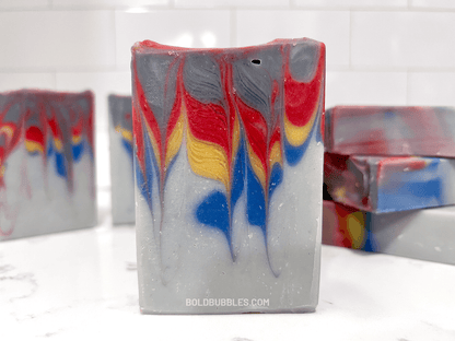 Bars of soap inspired by the grey, blue, yellow, and red sweater Wesley Crusher wore in Star Trek: The Next Generation. The scent is a dynamic unisex blend of citrus, floral, and earthy notes.