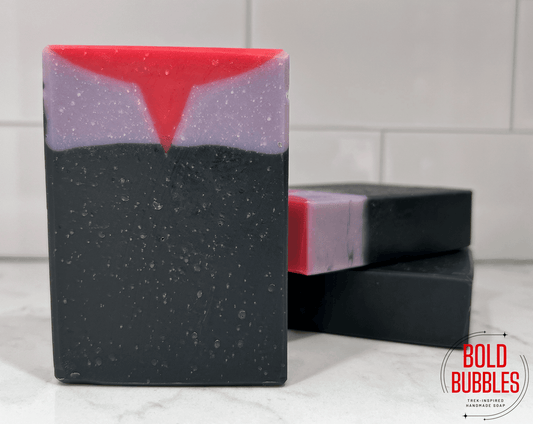 A red, black and grey bar of soap inspired by Worf from the Star Trek TNG movies and Deep Space Nine.