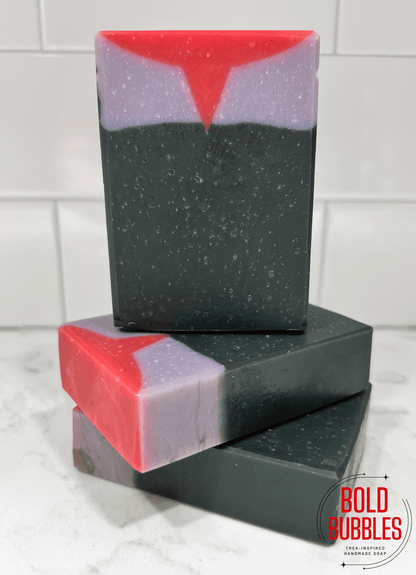 A red, black and grey bar of soap inspired by Worf from the Star Trek TNG movies and Deep Space Nine.