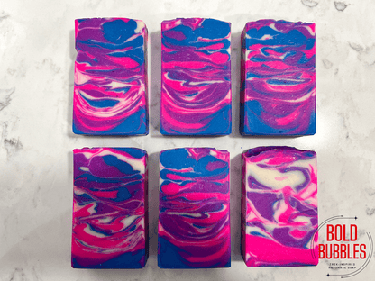 A bar of unscented soap with brightly-colored pink, blue, purple and white swirls. The design was inspired by Zero on Star Trek: Prodigy.